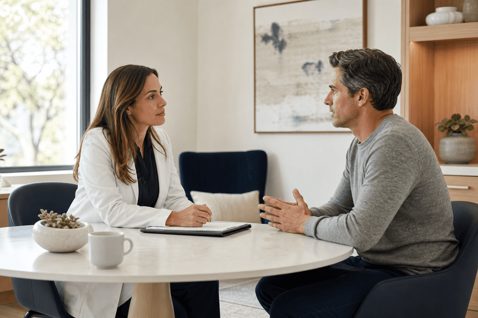 A primary care conversation in a bright clinical setting.