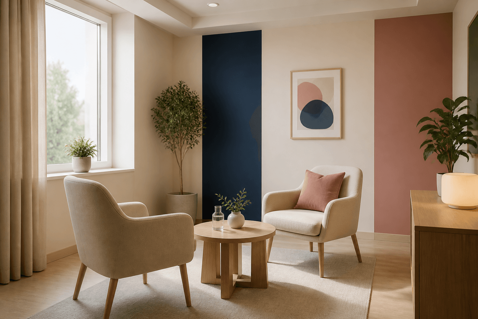 A quiet healthcare room prepared for a respectful conversation.